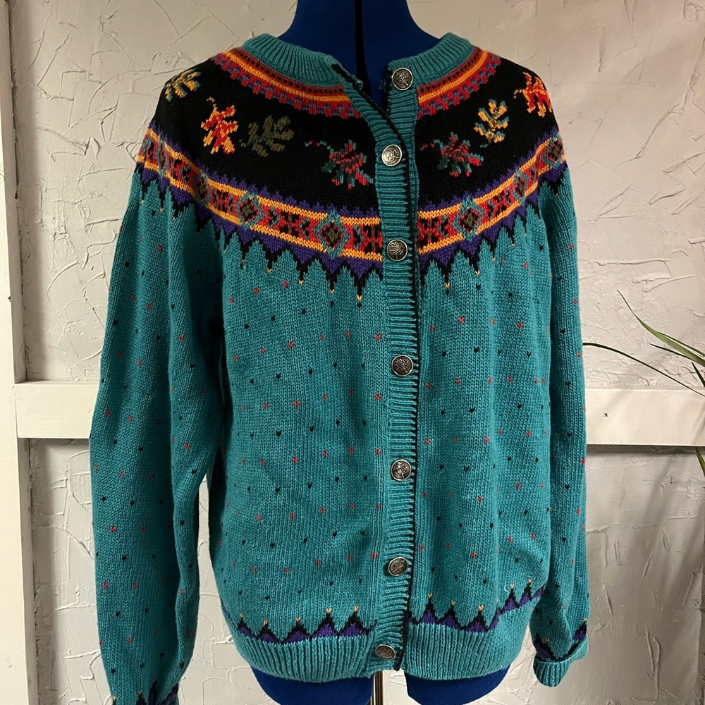 Woolrich xl teal blue cardigan cottagecore autumn leaves